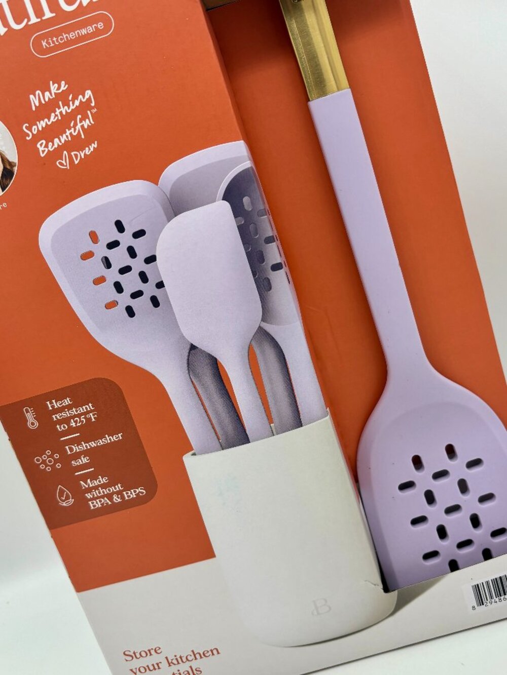 Beautiful 6pc Kitchen Silicone Tools Set Ceramic Crock Drew Barrymore, Lavender